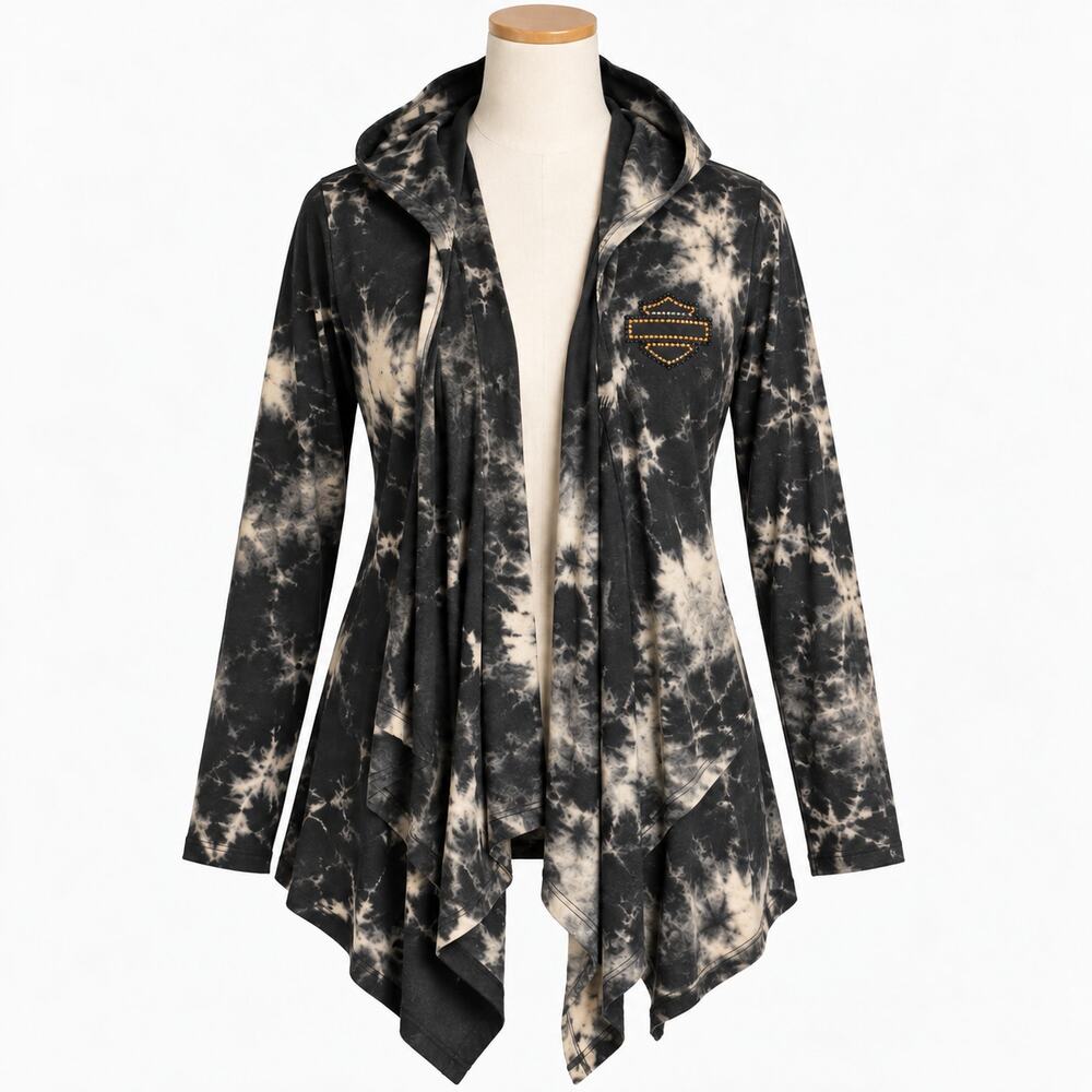 Harley Davidson Women's S/M Tie Dye Open Cardigan Hooded Rhinestone
